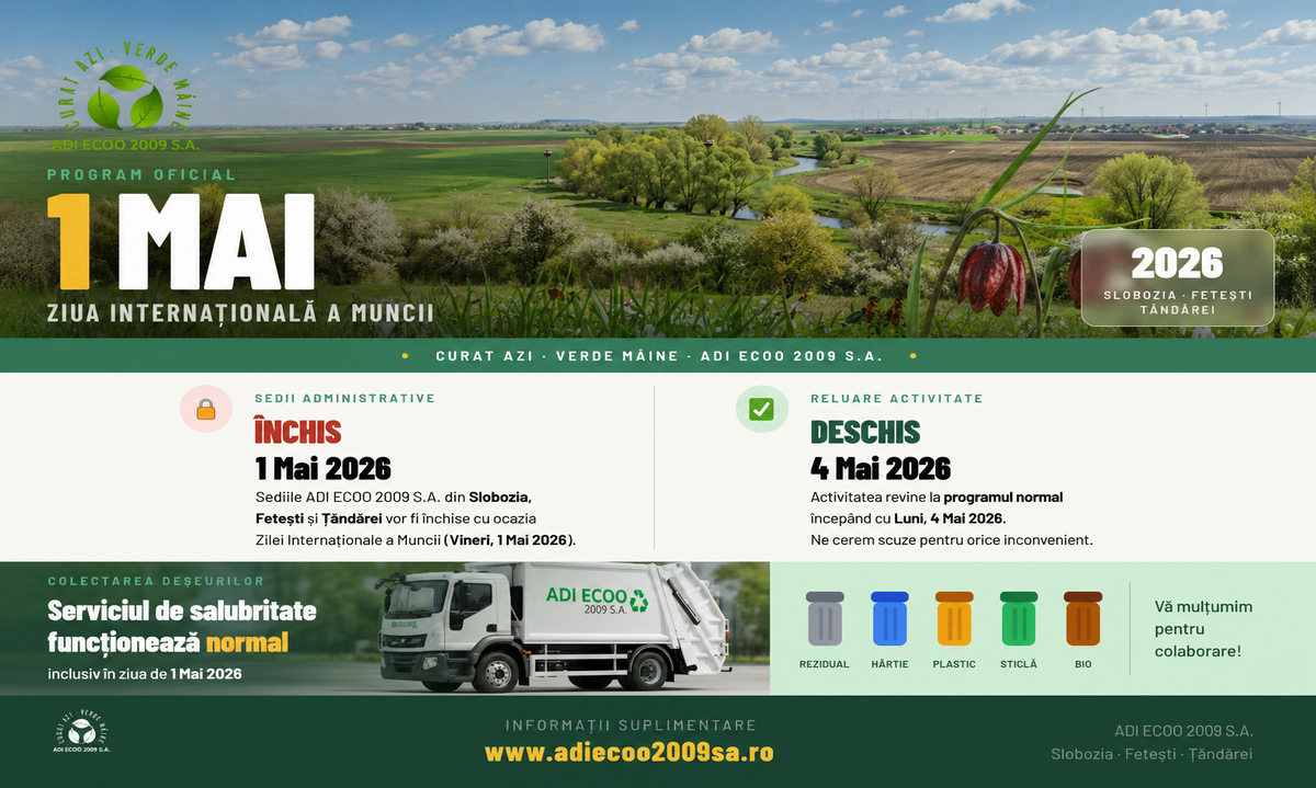Colectarea deșeurilor se va desfășura conform programului normal, inclusiv în ziua de 1 Mai 2026 – Ziarul Știrea